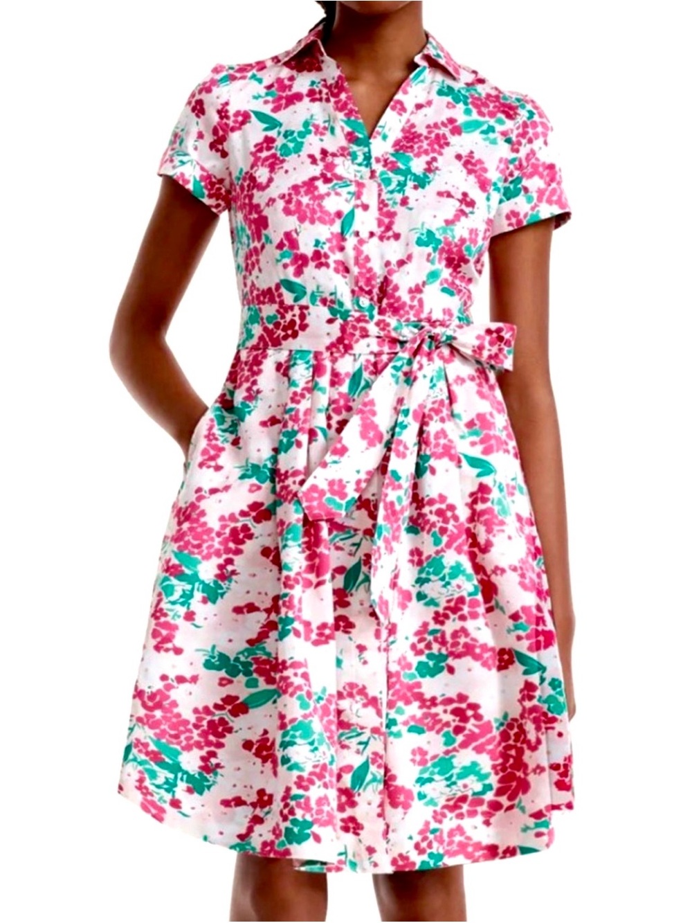 Brooks Brothers Pink and Green Floral Midi Shirt Dress